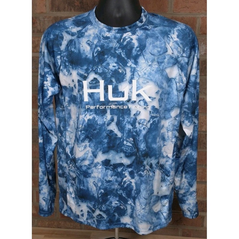 HUK Fishing Long Sleeve Shirt Blue Mens Size Small Mossy Oak Fracture Camo